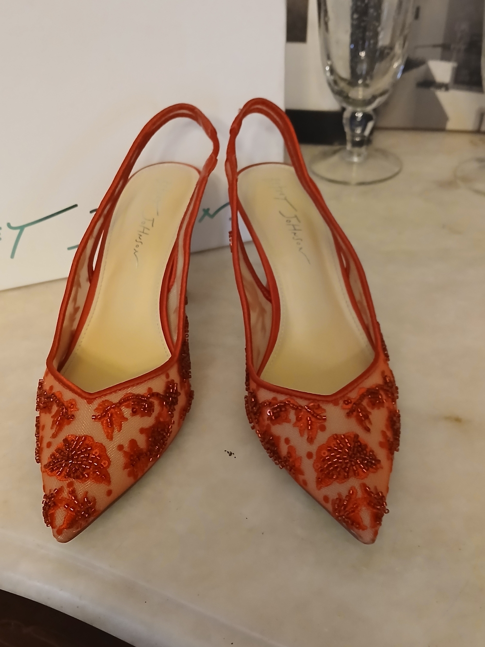Betsey Johnson "Nikki" Red Beaded Pointed-Toe Slingback Heels NIB 7
